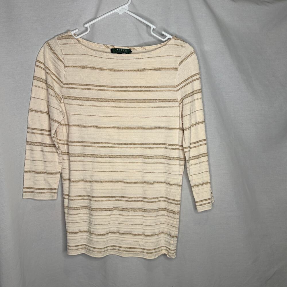 Lauren Ralph Lauren Cream Gold Stripe 3/4 Sleeve Shirt M